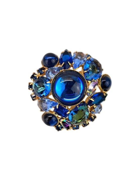 Jewelry - Vintage Blue Rhinestone Round Brooch Pin Dome Cabochon Navette Cluster Statement